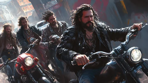 Roaring street riders carve thunder through urban twilight.