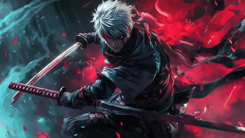 White haired swordsman lunges through swirling red mist