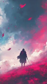 Lone cloaked wanderer on pink misted hillside under sky.