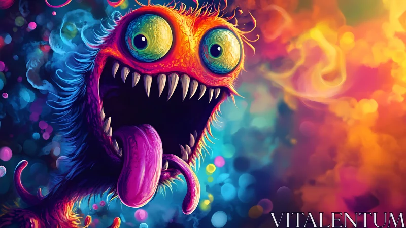 Multicolored cartoon monster with teeth and extended tongue.