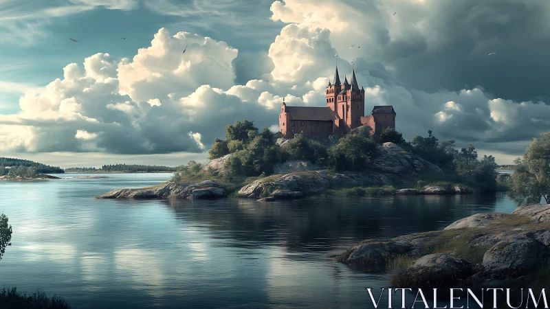 Majestic Castle on Island Through Dramatic Clouds.