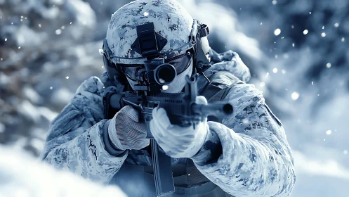 Armed soldier in digital snow camouflage aims rifle in blizzard