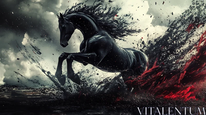 Kinetic black stallion bursting through liquid shadow field.