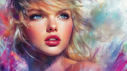 Vivid digital portrait of blonde woman in swirling color.