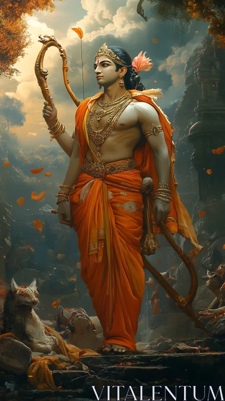 Regal warrior deity strides through mythic forest ruins in orange