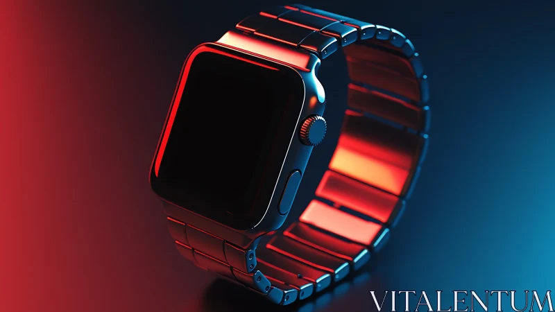 Smartwatch with metal band in bold red and blue light.