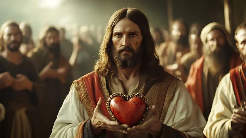 Figure with wounded heart held forward in solemn crowd.