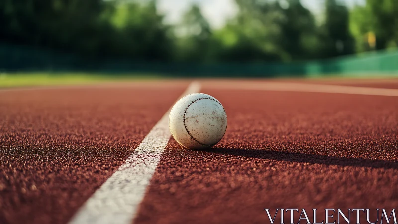 Solitary white ball pausing on sunlit red sports track line.