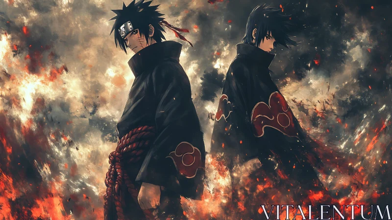 Dark anime warriors stride through blazing embers storm.