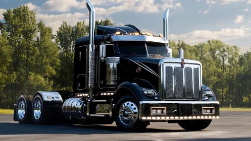 Midnight chrome semi truck glistening under gentle daylight.