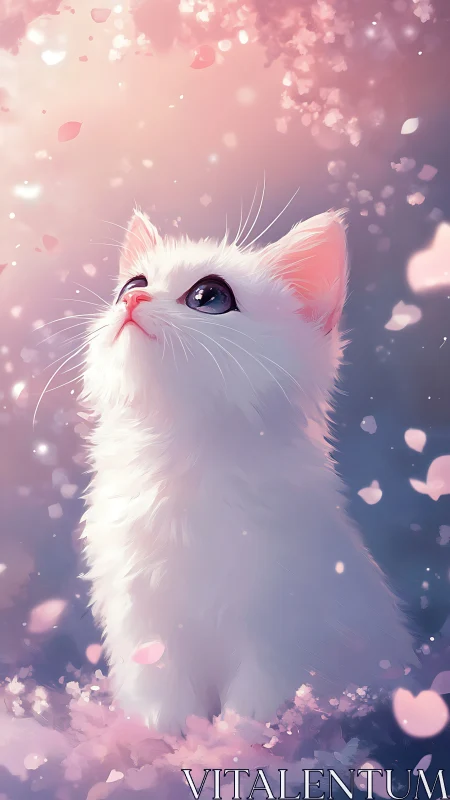 Dreamy White Kitten Lost in Wonder Among Soft Pink Petals