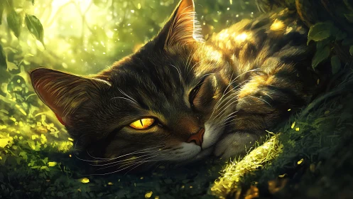 Golden-Eyed Cat Relaxing in Dappled Woodland Light.