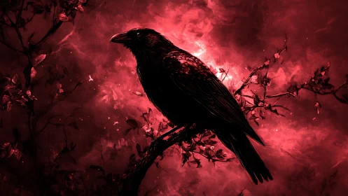 Silhouetted corvid is centered on branch against red backdrop