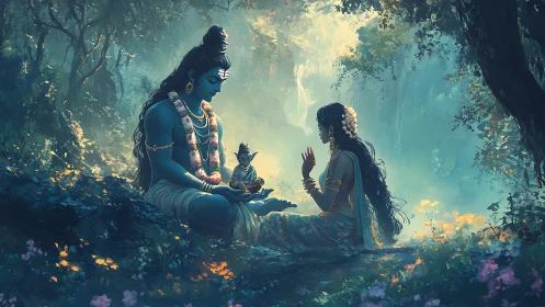 Gentle forest family bathed in misty morning light.