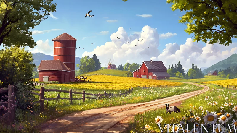 Sunlit country farmstead with red barns and winding road.