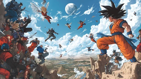 Panoramic anime battle tableau orchestrates aerial confrontation