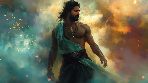 Mythic warrior in chromatic atmospheric turbulence field.