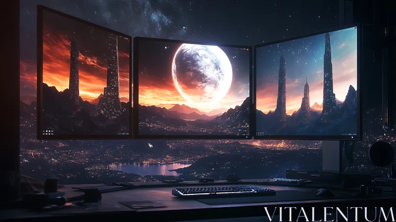 Triple monitor sci fi desktop with alien landscape view.