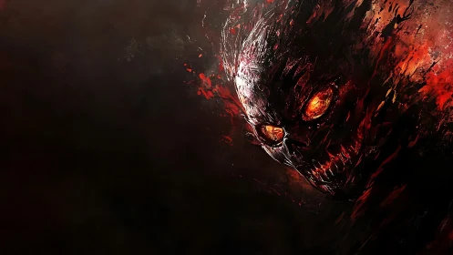 Demonic skull emerges from fiery darkness in brutal detail.