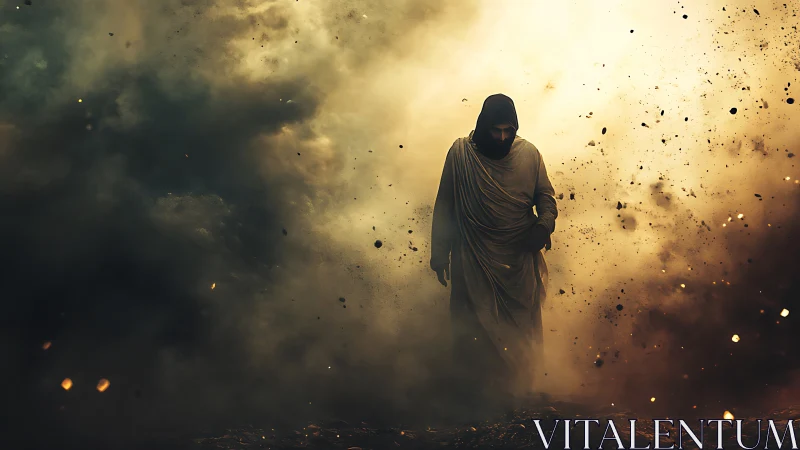 Hooded robed figure walking through dense airborne debris.