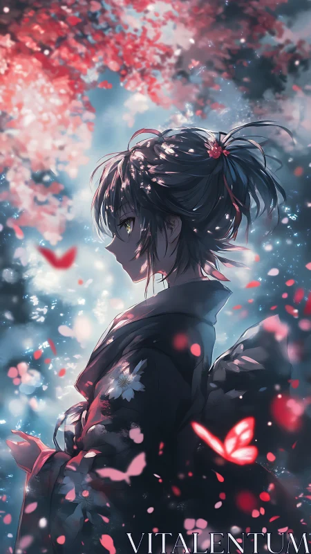 Kimono girl amid glowing petals and ethereal butterflies.