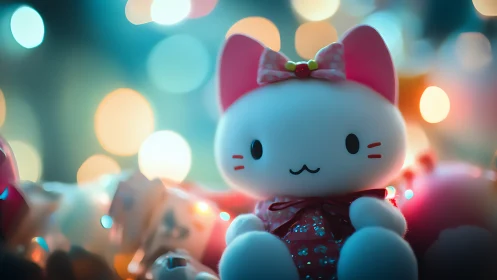 Cute pink cat plush toy with bokeh holiday lights behind.