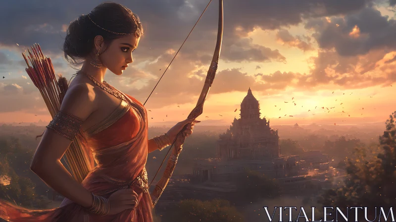 Digital painting of warrior archer at temple sunrise vista.