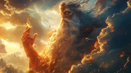 Majestic celestial godlike figure emerging from clouds.