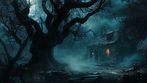 Moonlit haunted tree looms over misty forest cottage