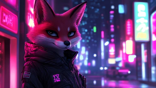 Cyberpunk fox sentinel watches over neon city night streets