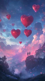 Luminescent Heart-Shaped Balloons Ascending Through Twilight Sky