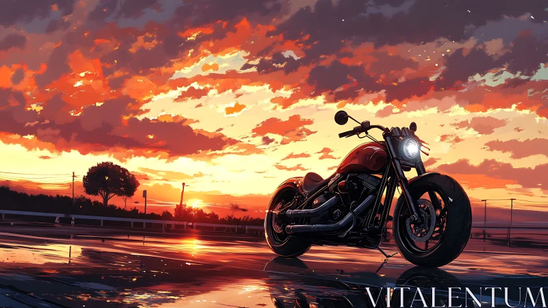 Digital painting of custom motorcycle at reflective sunset lot.