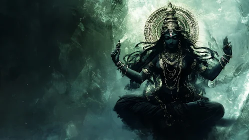 Dark multi-armed deity figure in meditative seated pose.