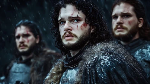 Wounded warrior in fur cloak flanked by armored men.