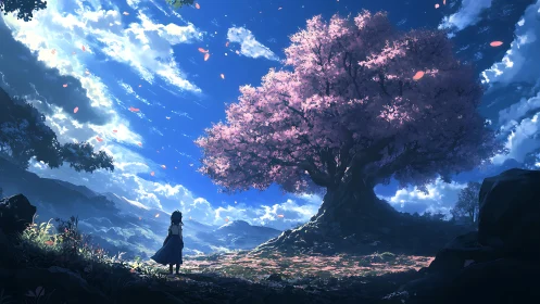 Girl observes luminous cherry tree under sweeping sky