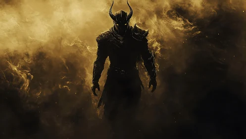 Horned dark knight strides through burning golden smoke
