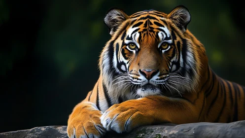 Silent jungle monarch resting in amber-striped splendor.