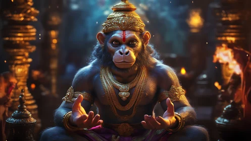 Simian deity in jeweled armor meditating amid temple fire.