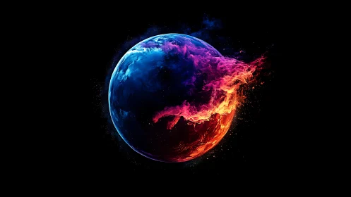 Dual-element planet erupts in blue ice and crimson fire.