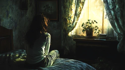 Woman sits on bed facing bright window with plant pot