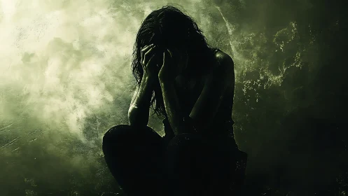 Silhouette of a Woman in Distress Amid Dark, Moody Atmosphere.
