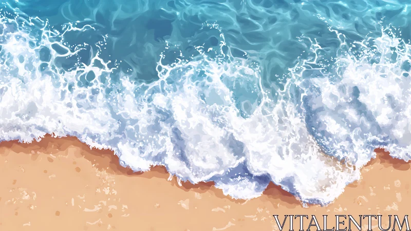 Waves breaking on sandy shoreline in stylized seascape.