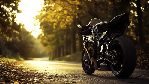 Midnight sportbike waits where autumn sunlight spills forward