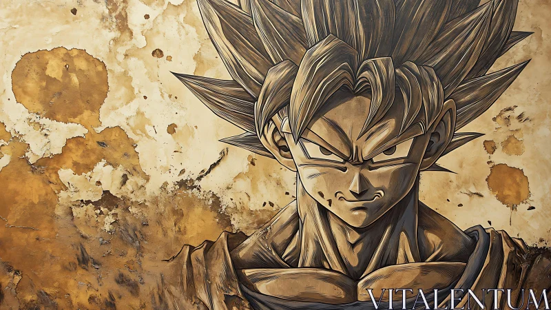 Bold anime warrior portrait on rustic textured wall.