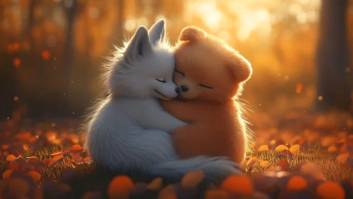 Two stylized animals embracing in soft autumn landscape.