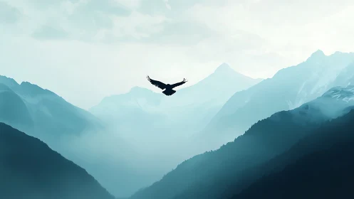 Silhouetted raptor glides over layered glacial mountain valley