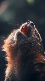 Close-up profile of small mammal with open mouth, backlit.