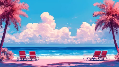 Cotton candy clouds over a sunlit, dreamy beach escape.