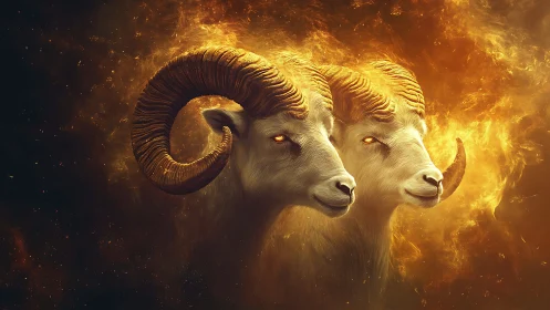 Triple ram heads in fiery cosmic golden inferno vision.