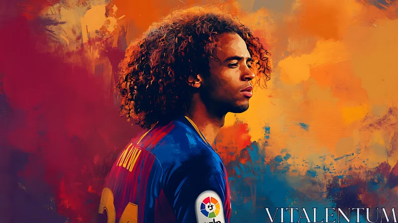 Young footballer stands focused amid fiery painted stadium haze